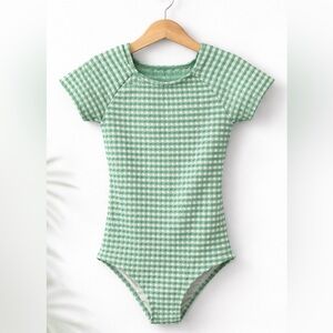 Lands’ End Girls Green Gingham One Piece Swimsuit Size 5/6 Bow Back